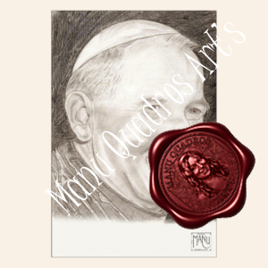 Desenho em lápis grafite de retrato do Papa João Paulo II baseado em fotografia de referência.