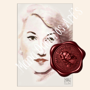 Pintura em aquarela de retrato de Hedy Lamarr em composição figurativa.