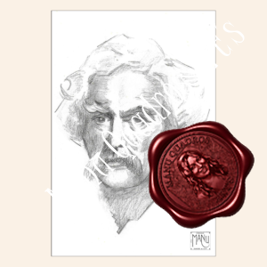 Desenho em lápis grafite de retrato de Mark Twain em papel.