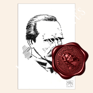 Desenho em nanquim de retrato do filósofo Friedrich Nietzsche em papel.