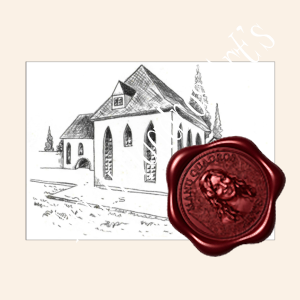 Desenho em lápis grafite de igreja em estilo medieval em estudo de arquitetura.