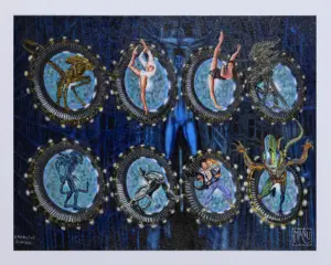 Pintura acrílica sobre tela com temática de ficção científica e alienígenas em cena imaginária.