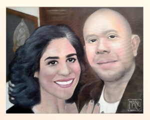 Pintura acrílica sobre tela de um casal em retrato intimista e afetivo.