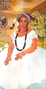 Pintura acrílica sobre tela de baiana em representação simbólica ligada a Oxum.