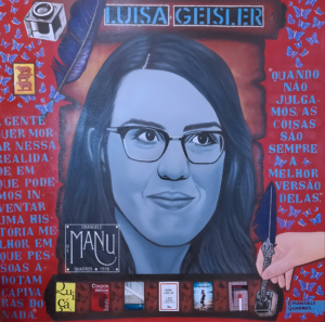 Retrato em acrílica sobre tela da escritora Luisa Geisler, obra figurativa apresentada em exposição coletiva.