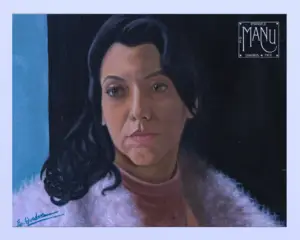 Autorretrato em óleo sobre tela de Emanuele Quadros, pintura figurativa baseada em fotografia de referência.