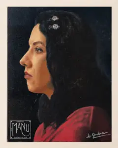 Autorretrato em óleo sobre tela de Emanuele Quadros, pintura figurativa baseada em fotografia de referência.