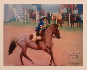Pintura acrílica sobre tela de um menino campeiro em representação figurativa.
