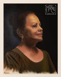 Retrato em óleo sob tela de Nara Fogaça, pintura figurativa baseada em fotografia de referência.