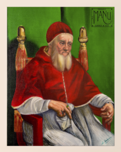 Pintura em óleo sobre tela inspirada em retrato de Papa Júlio II de Rafael Sanzio, estudo de pintura figurativa.