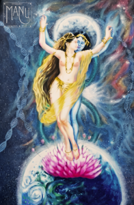 Pintura acrílica de Radha e Krishna em tela, obra figurativa de temática espiritual e amor cósmico.